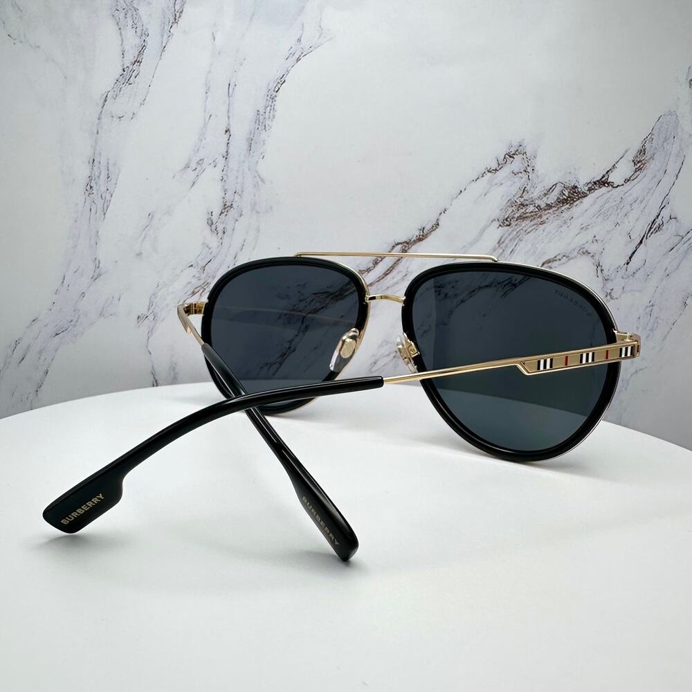 New Burberry Sunglasses Polarized Gold Black Check Arms Aviator Pilot Metal - Picture 12 of 16